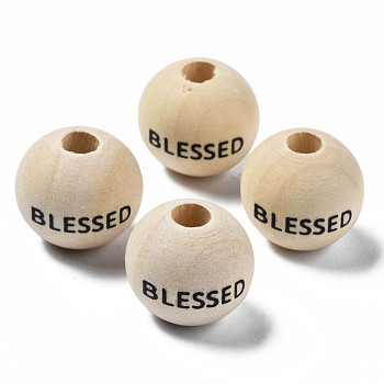 Printed Natural Wood European Beads, Undyed, Large Hole Beads, Round with Word BLESSED, PapayaWhip, 16x14.5mm, Hole: 5.5mm