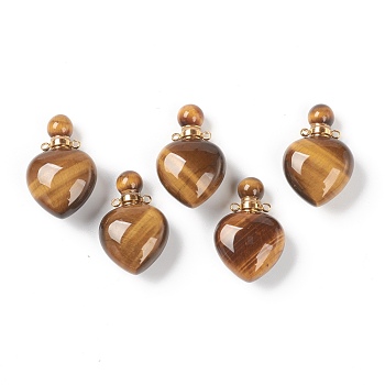 Natural Tiger Eye Pendants, Openable Perfume Bottle, with Golden Tone Brass Findings, Heart Shape, 33~35x22~23x12~13mm, Hole: 3.5mm, capacity: 1ml(0.03 fl. oz)