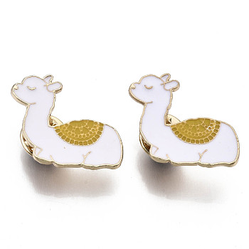 Alloy Brooches, Enamel Pin, with Brass Butterfly Clutches, Llama/Alpaca, Light Gold, White, 22.5x27x2mm, Pin: 1mm