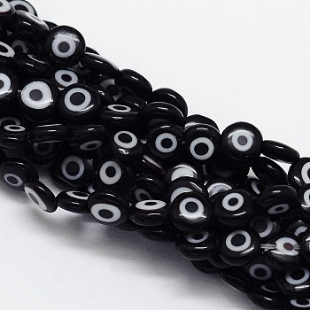 Handmade Evil Eye Lampwork Flat Round Bead Strands, Black, 12x5mm, Hole: 1mm, about 33pcs/strand, 14.76 inch