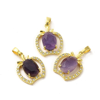 Natural Amethyst Faceted Pendants, Apple Charms with Crystal Rhinestone, Long-Lasting Plated, Teachers' Day Gift, Golden, 24.5x19x7mm, Hole: 6.5x3.5mm