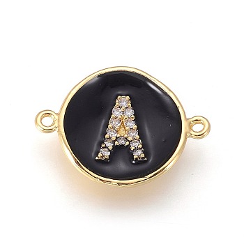 Golden Plated Brass Links, with Cubic Zirconia and Enamel, Long-Lasting Plated, Flat Round with Letter, Black, Letter.A, 21x15x3mm, Hole: 1.2mm