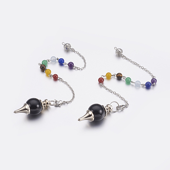 Natural Black Agate Sphere Dowsing Pendulums, with Mixed Stone and Brass Findings, Chakra, Round, Platinum, 240~245mm