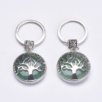 Natural Green Aventurine Keychain, with Brass Finding, Flat Round with Tree of Life, 64mm