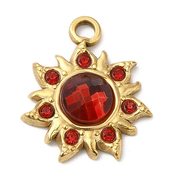 Real 18K Gold Plated 304 Stainless Steel Pendants, with Glass, Sun Charms, FireBrick, 24.5x20.5x5~6mm, Hole: 2.5mm