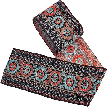 Ethnic Style Embroidery Polycotton Ribbons, Jacquard Ribbon, with Flower Pattern, Garment Accessories, Red, 4-1/8 inch(103mm), about 7m/bundle