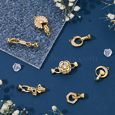 7Pcs 7 Styles Rack Plating Brass Micro Pave Clear Cubic Zirconia Fold Over Clasps(KK-FH0004-70)-4