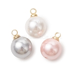 Shell Pearl Pendants, Round Charms, with Brass Bails, Real 18K Gold Plated, Mixed Color, 11x8mm, Hole: 1.6mm(PALLOY-JF05495)