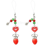 2Pcs Acrylic Heart & Resin Strawberry & Alloy Bowknot & Glass Bead Mobile Straps, Antique Silver, Red, 163mm(HJEW-YW00323)