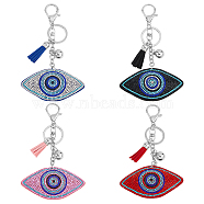 4Pcs 4 Colors Velvet Evil Eye Full Rhinestones Keychains, with Tassel Charm and Alloy Findings, for Women Bag Decoration, Mixed Color, 14.8cm, 1pc/color(KEYC-DC0001-26)