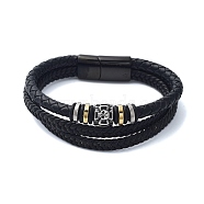 Men's Black PU Leather Cord Multi-Strand Bracelets, Skull 304 Stainless Steel Link Bracelets with Magnetic Clasps, Antique Silver & Golden, 8-5/8x3/4 inch(21.8x1.8cm)(BJEW-K243-63AS)