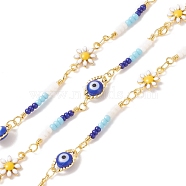 Brass Enamel Flower & Horse Eye Link Chains, with CCB & Glass Beaded, Soldered, with Spools, Cadmium Free & Lead Free, Real 18K Gold Plated, Blue, 10x6x3.5mm, 13x7x2.5mm, 22x3x2mm(CHC-P009-18G)