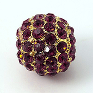 Alloy Rhinestone Beads, Grade A, Round, Golden Metal Color, Amethyst, 10mm(RB-A034-10mm-A11G)