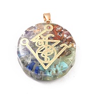 Transparent Resin Pendants, with Chip Gemstone Beads and Alloy Findings, Flat Round, Golden, 41x35x11.5mm, Hole: 7.5x4mm(RESI-P016-01G)