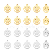 20Pcs 2 Colors 304 Stainless Steel Pendants, Hollow, Flat Round with Smiling Face Charm, Golden & Stainless Steel Color, 14x11.5x1.3mm, Hole: 1.3mm, 10pcs/color(STAS-UN0053-70B)