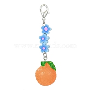 Fruit Resin Pendant Decoration, Zinc Alloy Lobster Claw Clasps and Flower Polymer Clay Beads Charm, Orange, 78mm(HJEW-JM01554-02)
