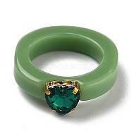 Resin Finger Rings, with Plastic Rhinestone, Heart, Golden, Green, US Size 6, Inner Diameter: 17mm(RJEW-Z007-04C)