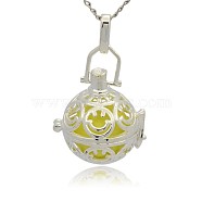 Silver Color Plated Brass Hollow Round Cage Pendants, with No Hole Spray Painted Brass Round Ball Beads, Champagne Yellow, 35x25x21mm, Hole: 3x8mm(KK-J216-15S)