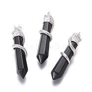 Natural Black Agate Big Pendants, with Brass Findings, Snake with Diamond, Platinum Metal Color, 60x12mm, Hole: 5x7mm(G-G596-03Q)