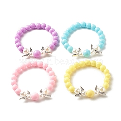 Acrylic Beaded Stretch Bracelets for Kids, with Imitation Pearl & Alloy Wings Beads Bracelets, Mixed Color, Inner Diameter: 1-3/4 inch(4.3cm), 6~10mm(BJEW-JB07786)