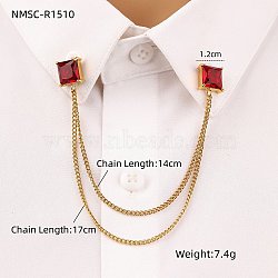 304 Stainless Steel Pave Cubic Zirconia Square Hanging Chain Brooch, Golden, Dark Red, 170mm, Brooch: 12mm(JEWB-S021-02G-02)