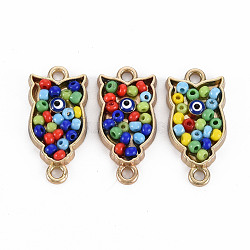 Alloy Enamel Links Connectors, with Glass Seed Beads, Light Gold, Owl, Colorful, 23x11x3mm, Hole: 1.8mm(PALLOY-N153-37-RS)