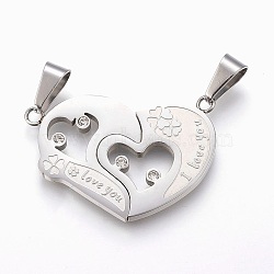304 Stainless Steel Rhinestone Split Pendants, Heart with Clover, For Valentine's Day, Stainless Steel Color, 25x37x2.5mm, Hole: 5x10mm(STAS-F168-17P)