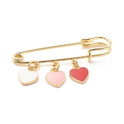 Triple Heart Enamel Charm Brooch, Safety Pin for Backpack Clothes, Golden, Red, 30x50mm(JEWB-BR00065-01)