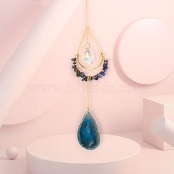 Natural Sodalite Chip Wrapped Moon Hanging Ornaments, Glass Teardrop and Agate Slices Tassel Suncatchers for Home Outdoor Decoration, 430mm(PW-WG89822-02)