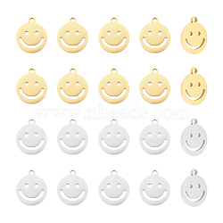 20Pcs 2 Colors 304 Stainless Steel Pendants, Hollow, Flat Round with Smiling Face Charm, Golden & Stainless Steel Color, 14x11.5x1.3mm, Hole: 1.3mm, 10pcs/color(STAS-UN0053-70B)