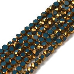 Electroplate Glass Beads Strands, Opaque Solid Color, Half Golden Plated, Faceted, Flat Round, Marine Blue, 4~4.5x3mm, Hole: 1mm, about 71~75pcs/strand, 10''~10.43''(25.4~26.5cm)(EGLA-P061-01A-04)