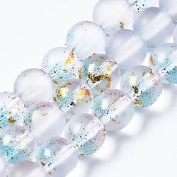 Frosted Spray Painted Glass Beads Strands, with Golden Foil, Round, Lavender Blush, 8~9mm, Hole: 1.2~1.5mm, about 46~56pcs/Strand, 14.37 inch~16.3 inch(36.5~41.4cm)(GLAA-N035-03C-C07)