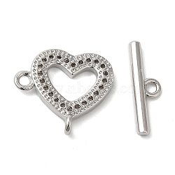 Brass Micro Pave Clear Cubic Zirconia Toggle Clasps, Heart, Platinum, 19mm, Ring: 11.5x13x1mm, Hole: 0.9mm, Bar: 13x4x2mm, Hole: 0.9mm(KK-N254-69P)