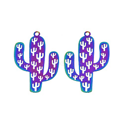 201 Stainless Steel Pendants, Etched Metal Embellishments, Cactus, Rainbow Color, 48.5x32x0.3mm, Hole: 2.5mm(STAS-N102-18M)