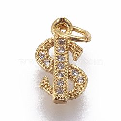 Brass Micro Pave Cubic Zirconia Charms, Dollar Sign, Clear, Golden, 11.5x6.5x2mm, Hole: 3mm(ZIRC-E161-02G)