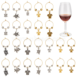 24Pcs 12 Style Tortoise Tibetan Style Alloy Pendant Wine Glass Charms, with Flat Round with Heart & Flower & Star Alloy Beads and Brass Hoop Earring Findings, Antique Silver & Antique Golden, 46~57mm, 2pcs/style(AJEW-AB00057)