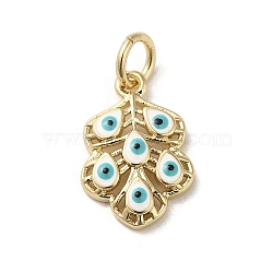 Brass Enamel Pendants, with Jump Ring, Real 18K Gold Plated, Leaf with Evil Eye Charm, White, 17x11.5x3.2mm, Hole: 3.8mm(KK-E092-21G-02)