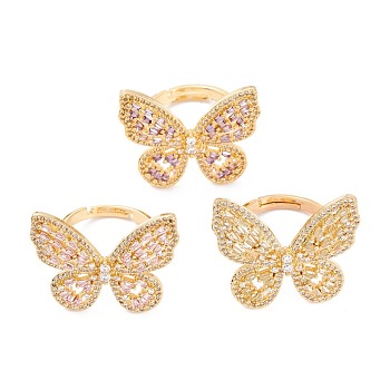 Brass Micro Pave Cubic Zirconia Adjustable Rings, Long-Lasting Plated, Butterfly, Real 18K Gold Plated, Mixed Color, US Size 6, Inner Diameter: 17mm
