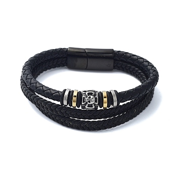 Men's Black PU Leather Cord Multi-Strand Bracelets, Skull 304 Stainless Steel Link Bracelets with Magnetic Clasps, Antique Silver & Golden, 8-5/8x3/4 inch(21.8x1.8cm)