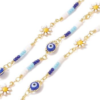 Brass Enamel Flower & Horse Eye Link Chains, with CCB & Glass Beaded, Soldered, with Spools, Cadmium Free & Lead Free, Real 18K Gold Plated, Blue, 10x6x3.5mm, 13x7x2.5mm, 22x3x2mm