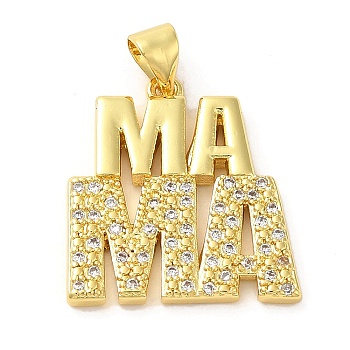 Brass Micro Pave Clear Cubic Zirconia Pendants, Words, Real 16K Gold Plated, 21x19x2mm, Hole: 4.5x4mm