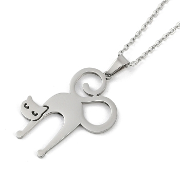 Halloween Series 202 Stainless Steel Cable Chain Cat Shape Pendant Necklaces, Stainless Steel Color, 15.94~17.91 inch(40.3~45.5cm)