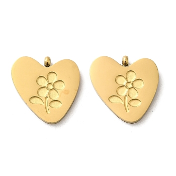 Ion Plating(IP) 316L Surgical Stainless Steel Charms, Heart with Flower Charms, Real 18K Gold Plated, 14x14x2.5mm, Hole: 1.4mm