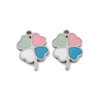 316L Stainless Steel Pendants, with Enamel, Stainless Steel Color, Clover Charm, Colorful, 14x10x1.5mm, Hole: 1.4mm