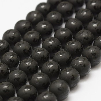 Natural Agate Beads Strands, Om Mani Padme Hum, Round, Dyed & Heated, Frosted, Black, 8mm, Hole: 1mm, about 47pcs/strand, 14 inch(35.6cm)
