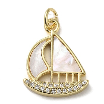 Brass Micro Pave Cubic Zirconia Pendants, with Shell, Sailboat, Real 18K Gold Plated, 19.5x15.5x3mm, Hole: 3.4mm