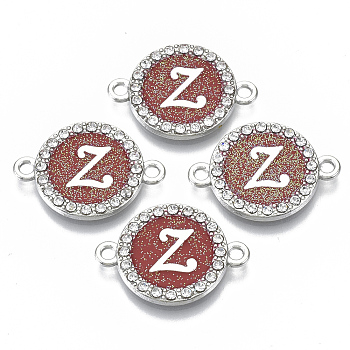 Alloy Enamel Links Connectors, with Crystal Rhinestones, Flat Round with Letter, Silver Color Plated, Letter.Z, 22x16x2mm, Hole: 1.8mm