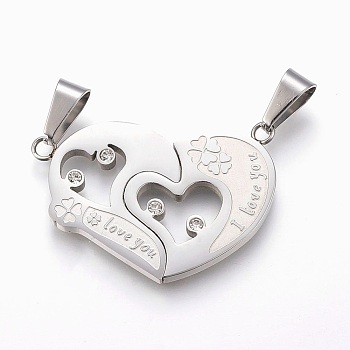304 Stainless Steel Rhinestone Split Pendants, Heart with Clover, For Valentine's Day, Stainless Steel Color, 25x37x2.5mm, Hole: 5x10mm