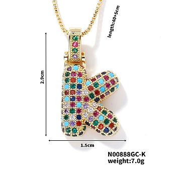 Brass Pave Colorful Cubic Zirconia Letter Pendant Box Chain Necklaces, Golden, Letter K, 15.75 inch(40cm)