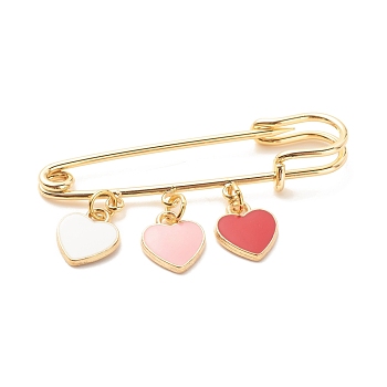 Triple Heart Enamel Charm Brooch, Safety Pin for Backpack Clothes, Golden, Red, 30x50mm